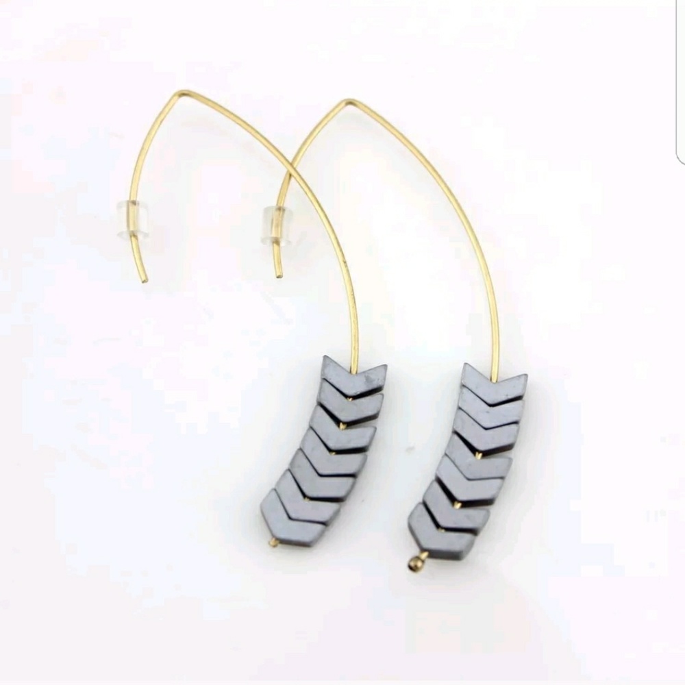 Women Chevron Drop Earrings Natural Hematite Stone - Picture 3 of 8